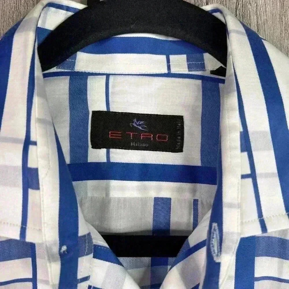 Etro Button Down Shirt Sz 41 White and Blue Dressy Preppy Designer - Picture 2 of 6